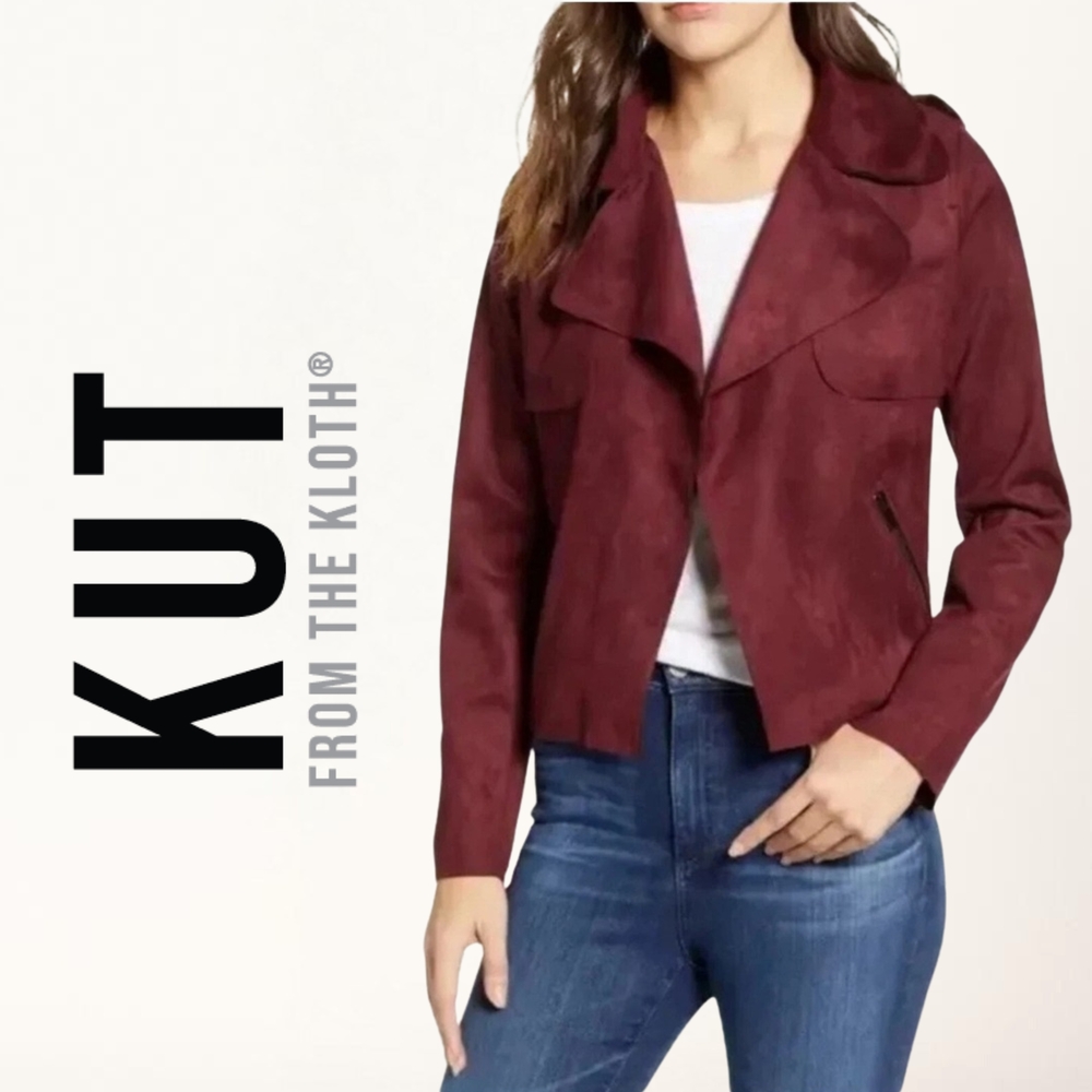  Kut From The Kloth Jacee Faux Suede Burgundy Moto Jacket Size XL